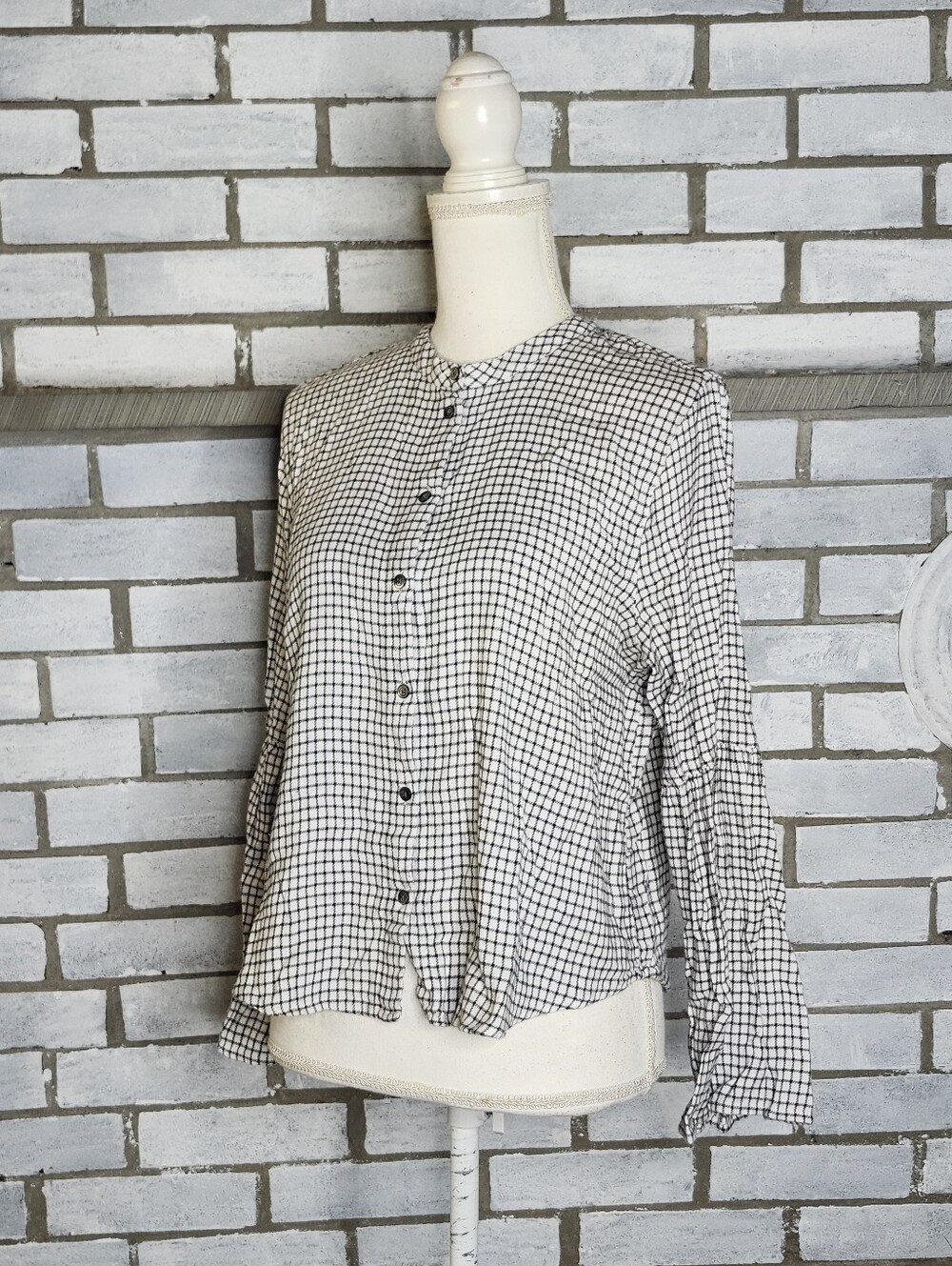 • Madewell Long Bell Sleeve Button Up Shirt Windowpane Sz L G7374 Black/White